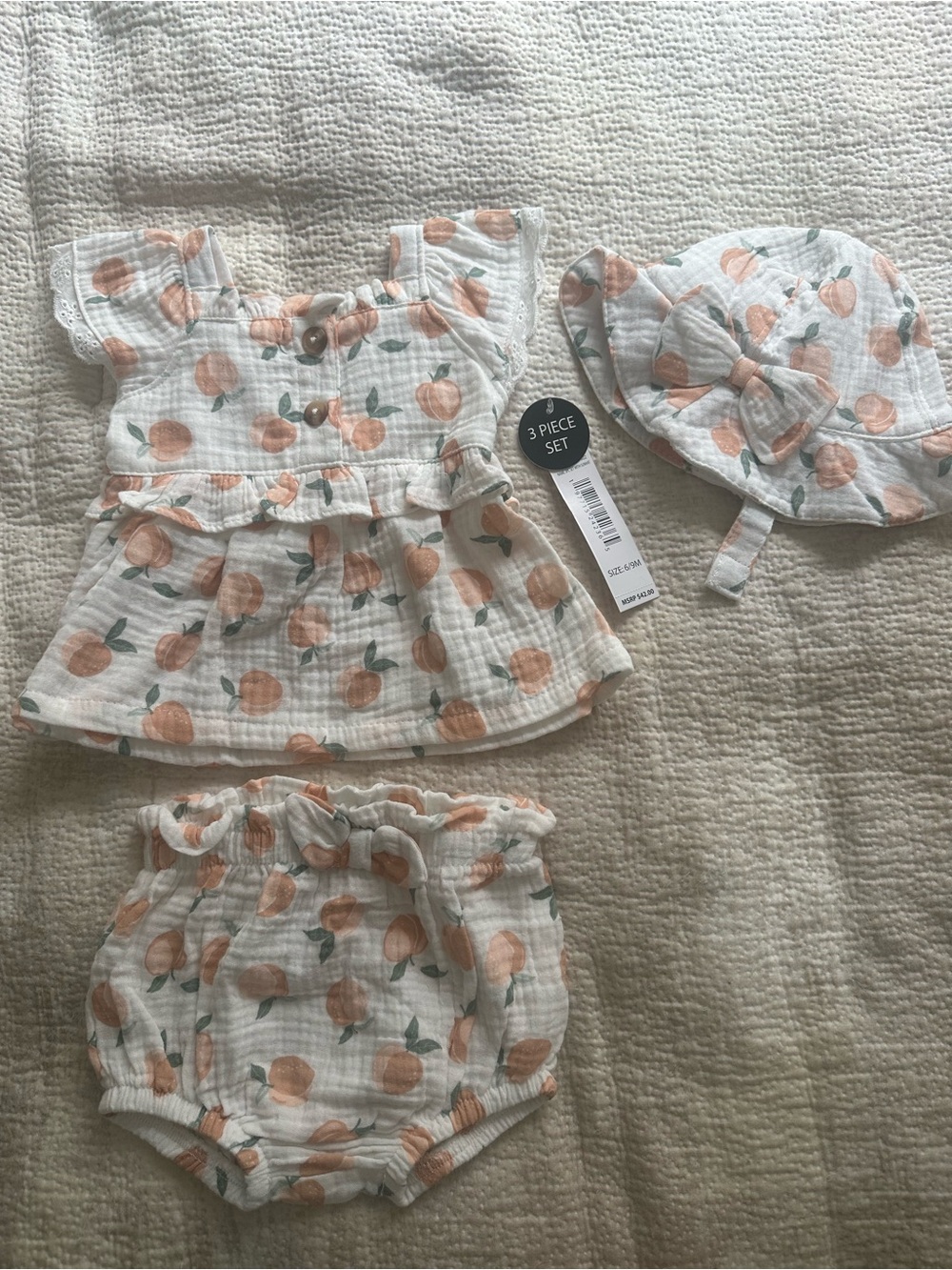 Peach Print Baby Sun Hat & Matching Set - White/Peach
